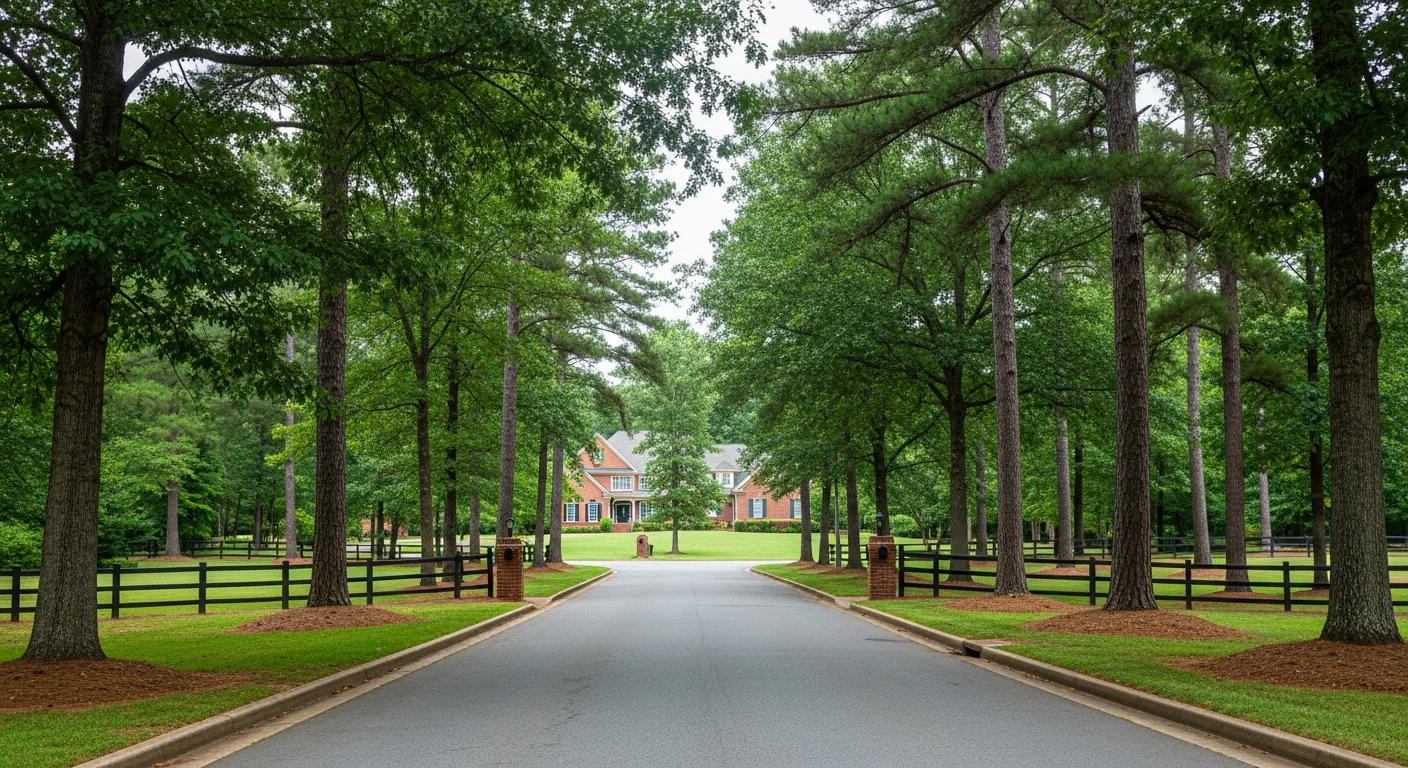 Weddington nc housing market: why the median price tells you almost nothing 2 Tree-lined estate street in the weddington nc housing market with a brick home set back on acreage