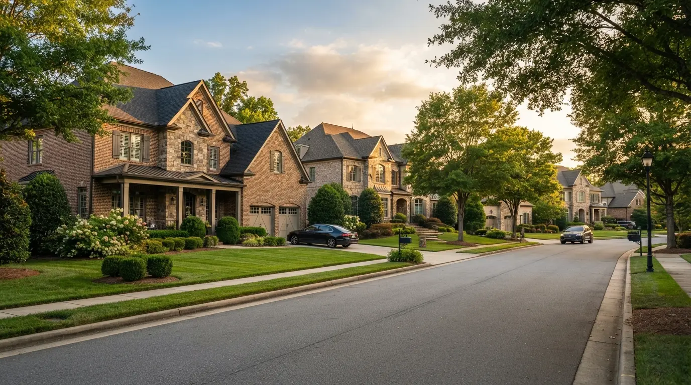 ballantyne-nc-property-taxes-featured Upscale brick homes along a quiet tree-lined street in Ballantyne, Charlotte, North Carolina