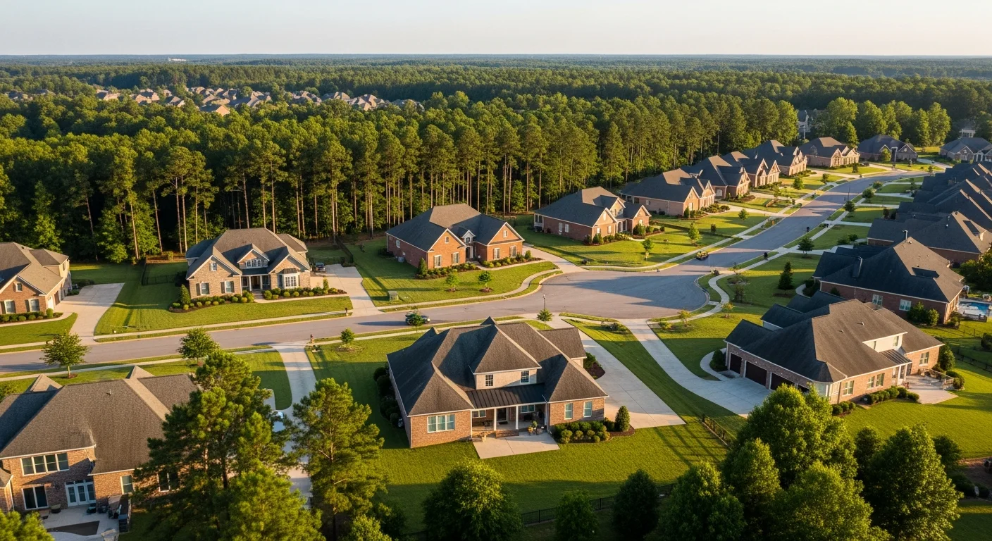 ballantyne-vs-fort-mill-featured Ballantyne vs Fort Mill aerial of an upscale South Charlotte suburban neighborhood at golden hour