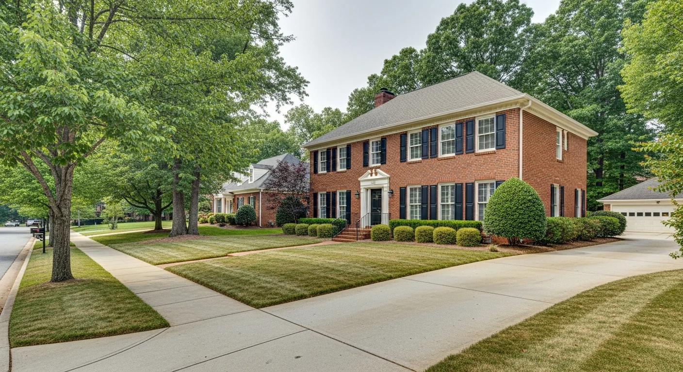 Ballantyne vs fort mill: should you buy in nc or cross into sc? 2 Brick colonial home on a tree-lined street in the ballantyne vs fort mill comparison