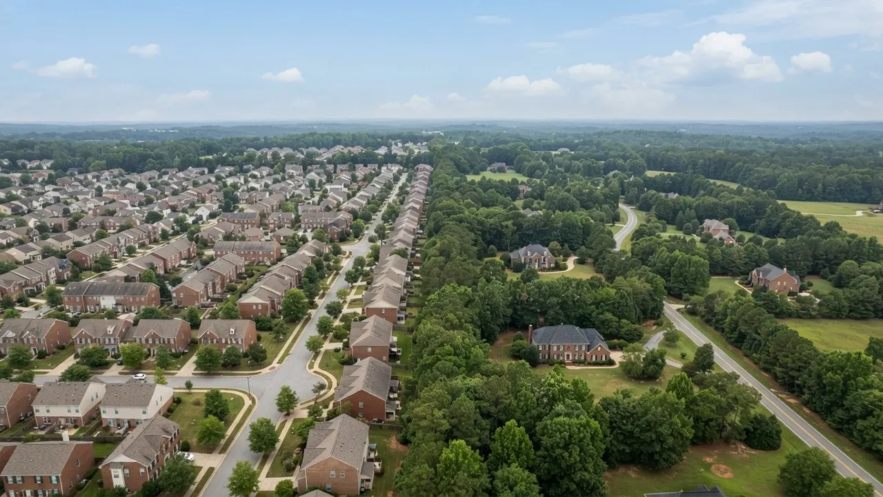 Ballantyne vs Weddington NC aerial comparison Ballantyne vs Weddington NC from the air, dense small lot Charlotte subdivisions on one side of the treeline and one acre wooded homesites on the other