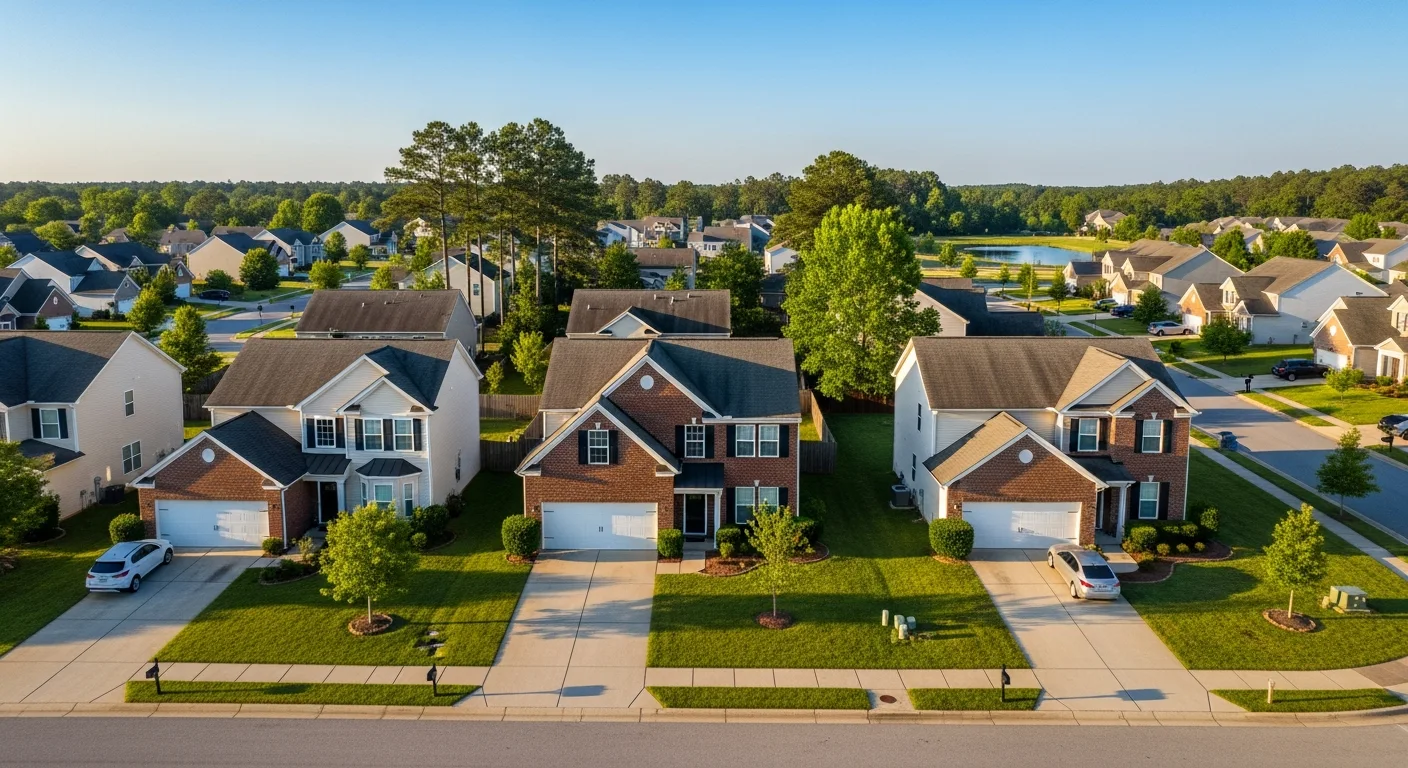 best-neighborhoods-indian-trail-nc-featured Best neighborhoods in Indian Trail NC: aerial of a brick-home suburb near top-rated Union County schools