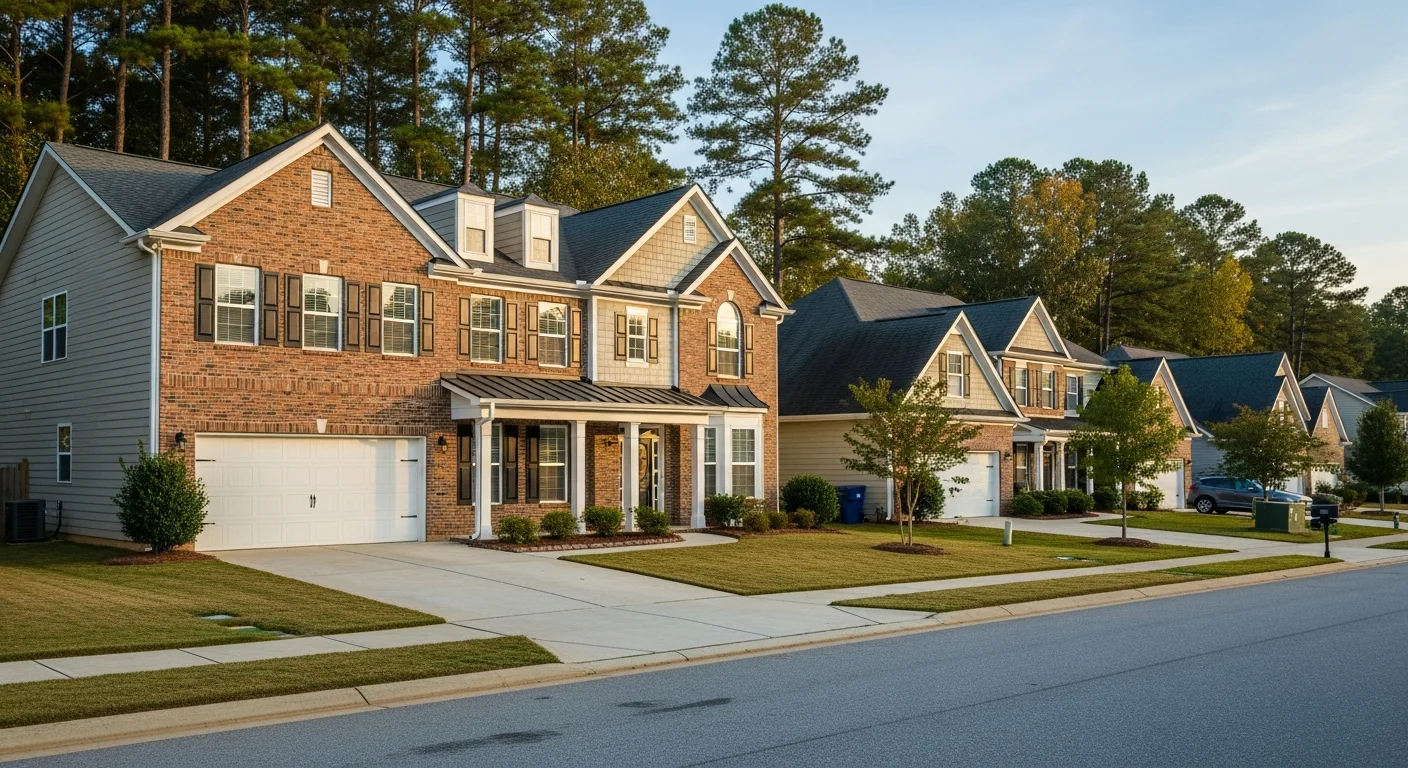cost-of-living-matthews-nc-featured Cost of living in Matthews NC shown by an established brick-home neighborhood street on a quiet suburban lane