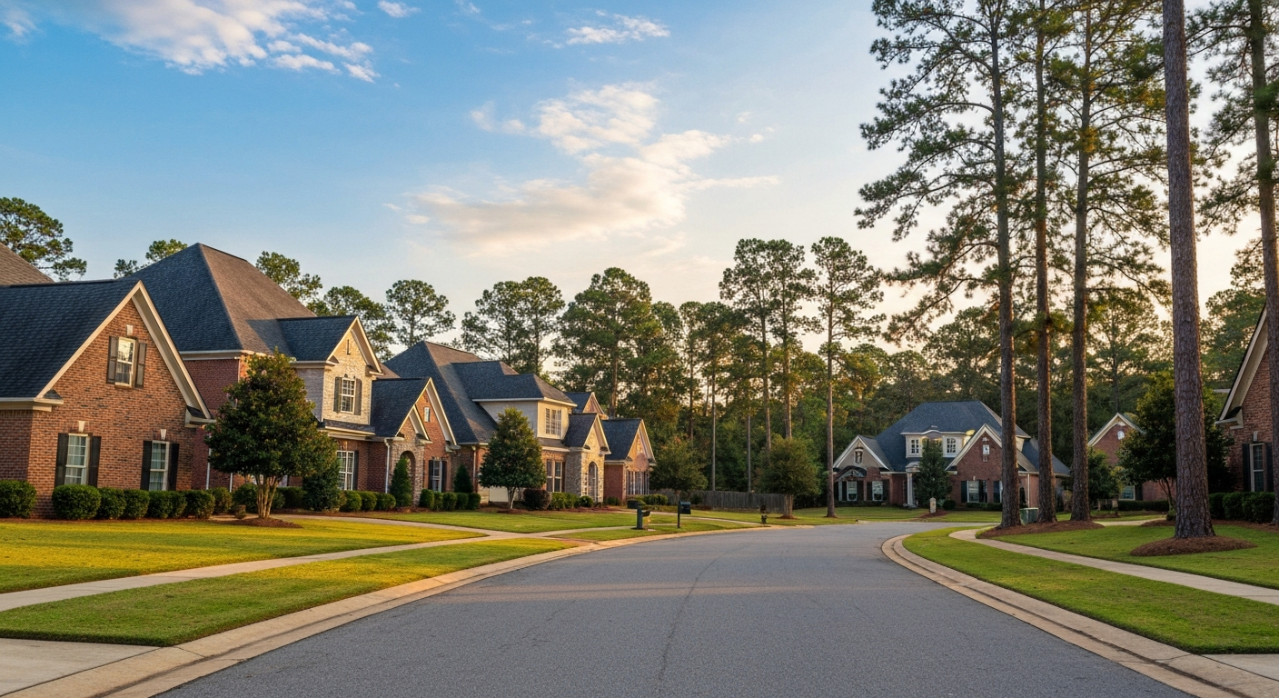 Brick and stone homes on a tree lined street, typical of the cost of living in Wesley Chapel NC housing market