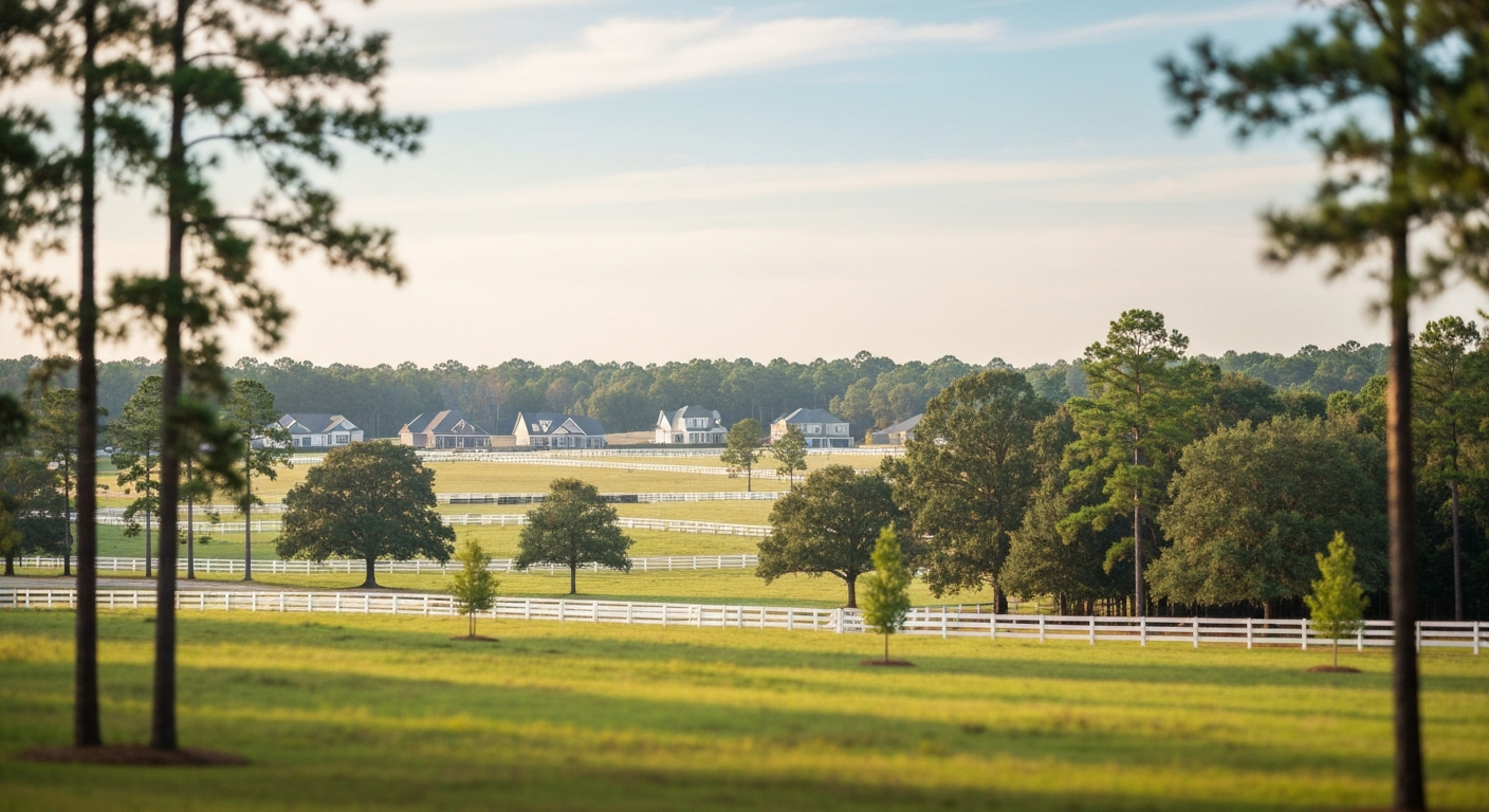 Cost of living in wesley chapel nc: high prices, tiny taxes, real numbers 2 Pasture with white fencing beside a newer subdivision, showing the land buyers get for the cost of living in wesley chapel nc