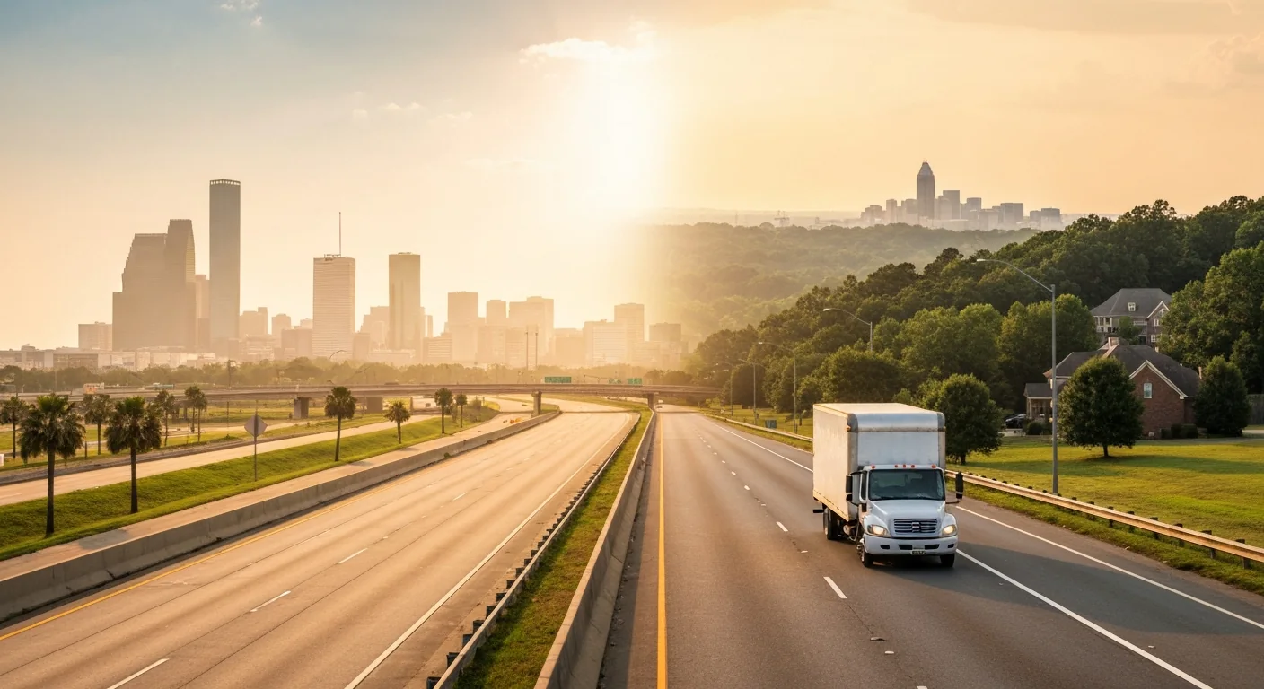 houston-to-charlotte-featured Moving from Houston to Charlotte NC, a split scene of the Houston skyline and a wooded south Charlotte suburb