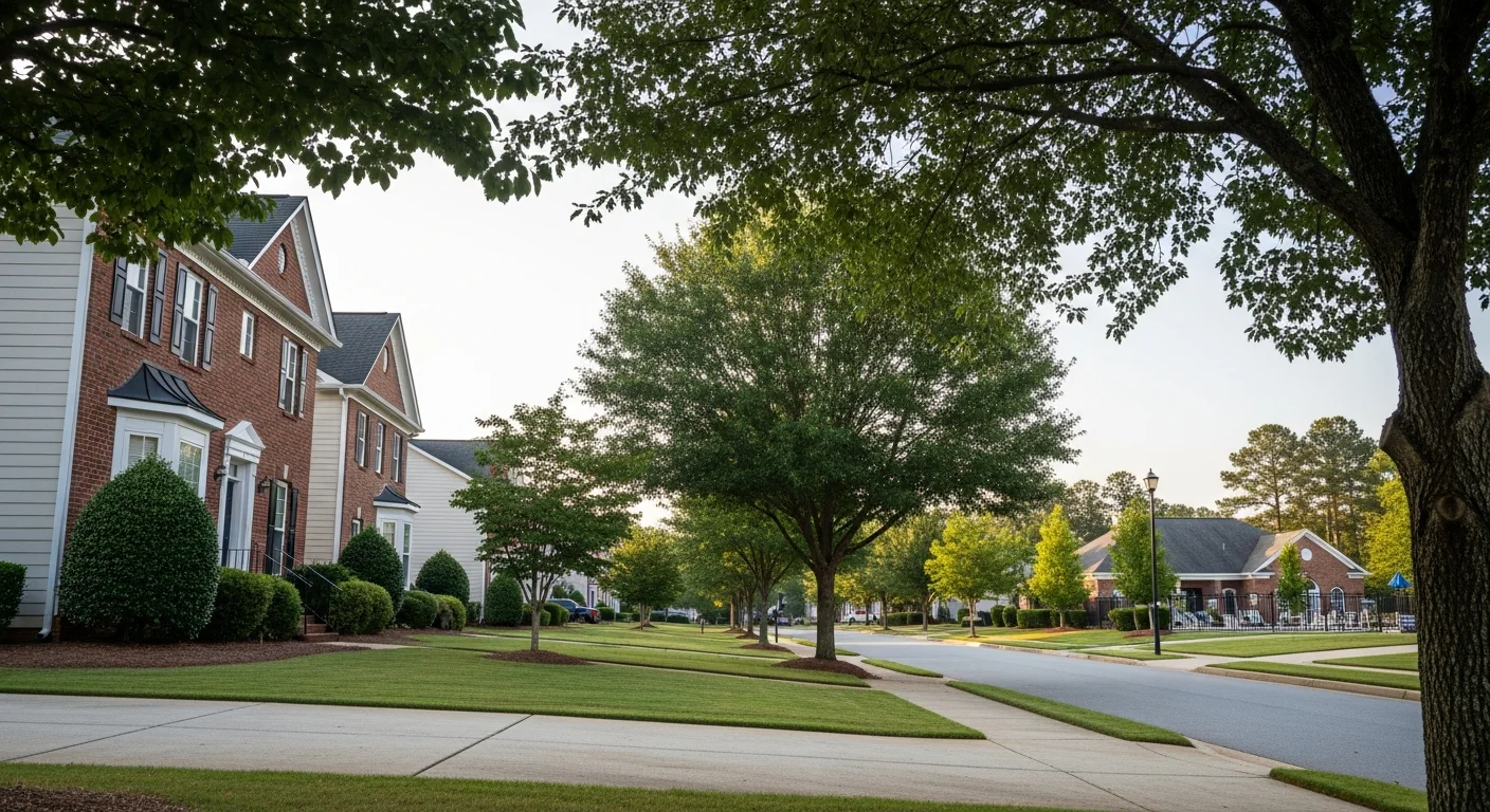 Best neighborhoods in indian trail nc: a local broker's school-zone map 2 Tree-lined street with sidewalks in an indian trail nc neighborhood near the community clubhouse