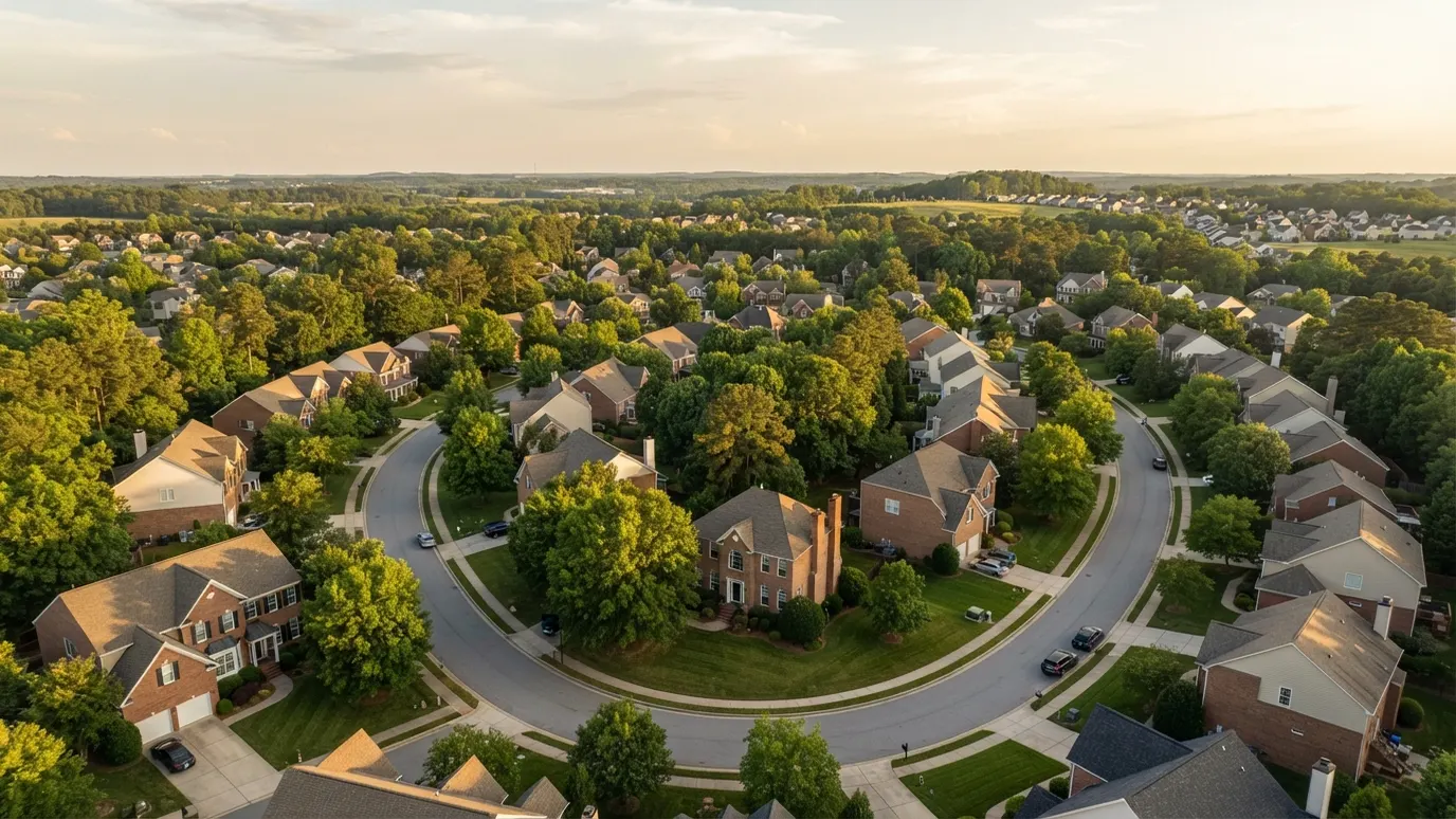 Aerial view of an established Indian Trail NC neighborhood at golden hour