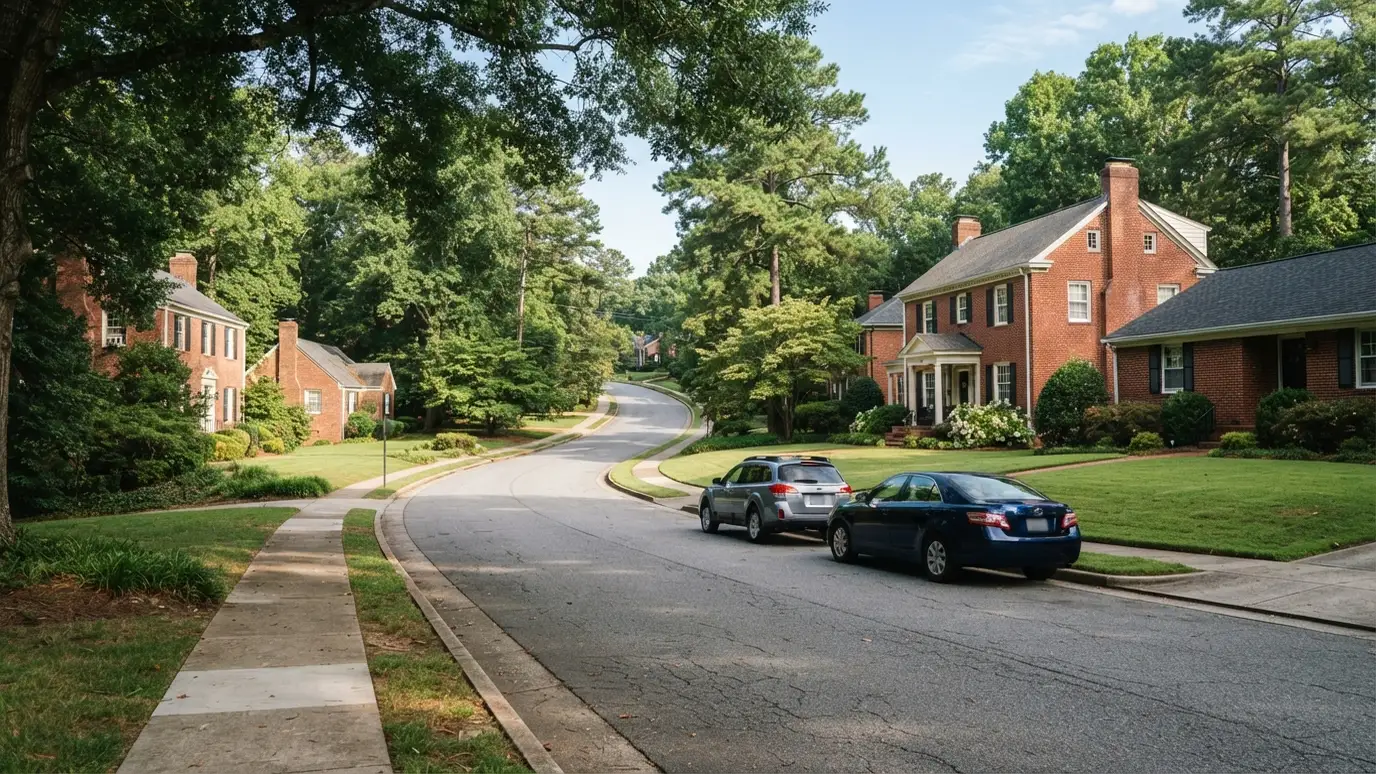 Tree-lined residential street with brick homes in indian trail nc