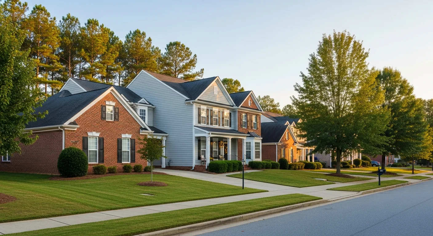 is-waxhaw-nc-safe-featured Is Waxhaw NC safe: a quiet established Waxhaw residential street of brick homes and mature trees at golden hour