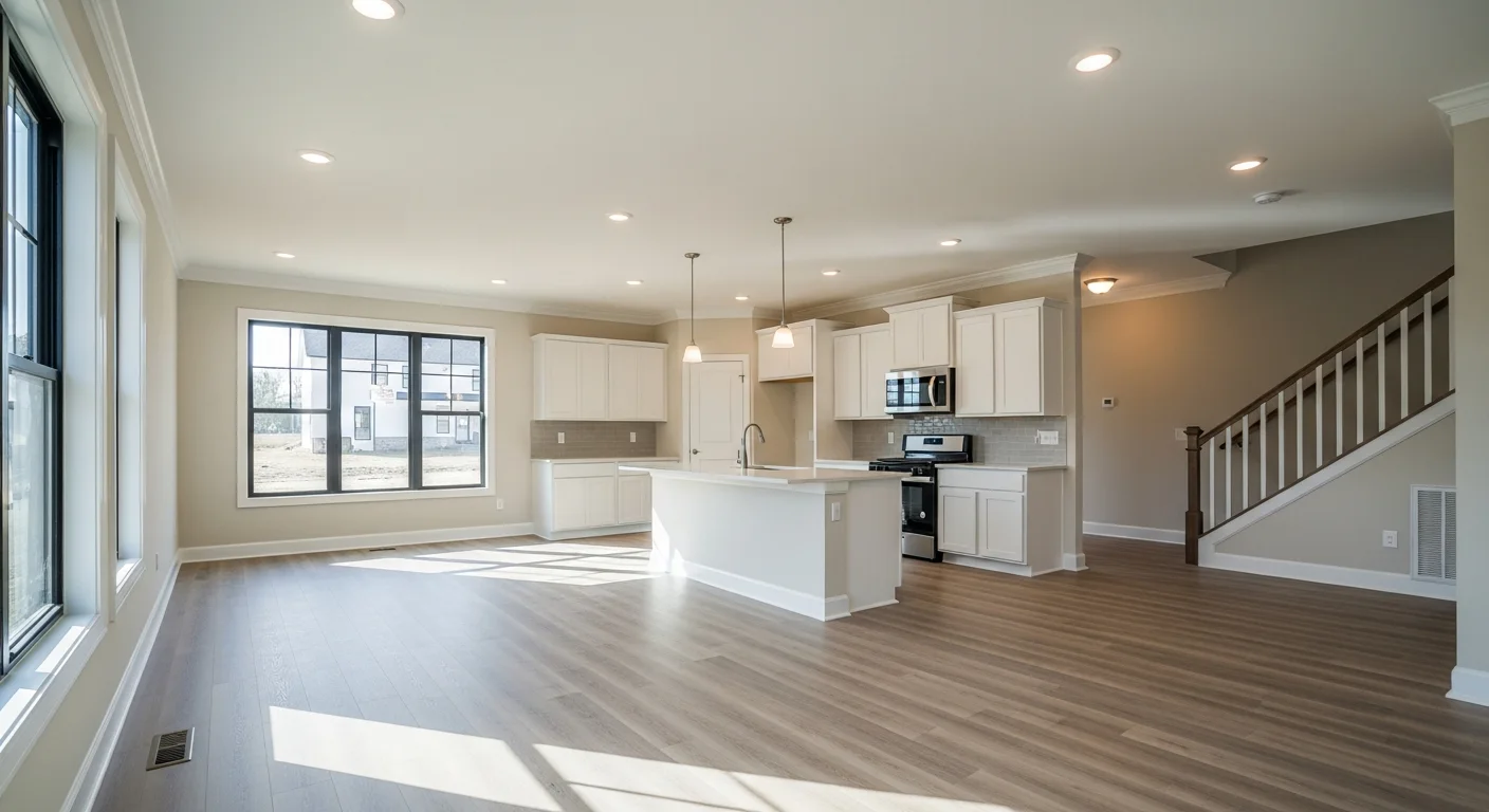 New construction homes in matthews nc: what buyers get for the money in 2026 2 Open concept kitchen and great room inside a new construction matthews nc townhome