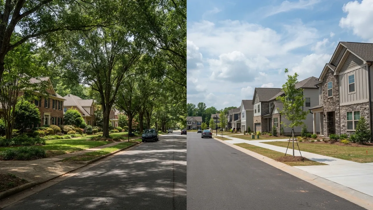 Matthews vs Indian Trail NC street comparison Matthews vs Indian Trail NC compared: a mature tree lined street of established Matthews homes beside a newly built Indian Trail street with young staked trees