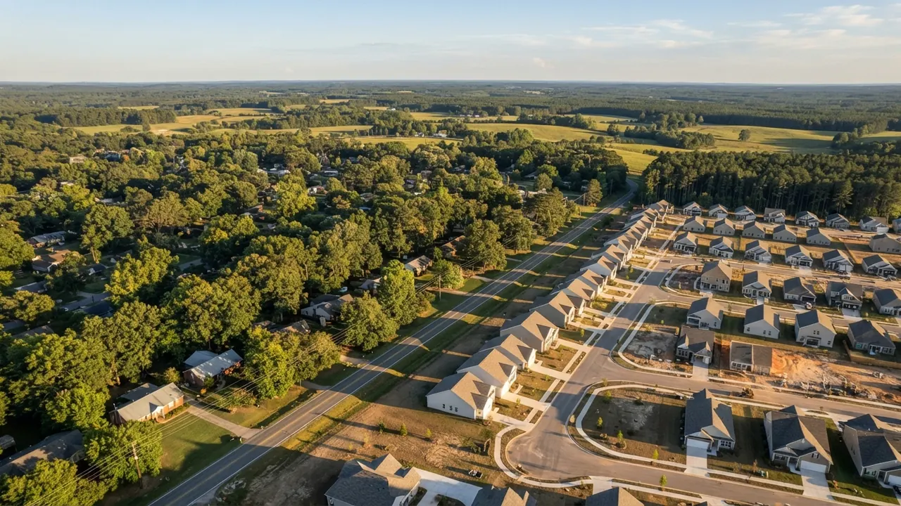 Matthews vs indian trail nc: which town fits your move? 2 Aerial view of an older tree covered neighborhood across a two lane road from new construction rooftops, the housing age gap behind matthews vs indian trail nc