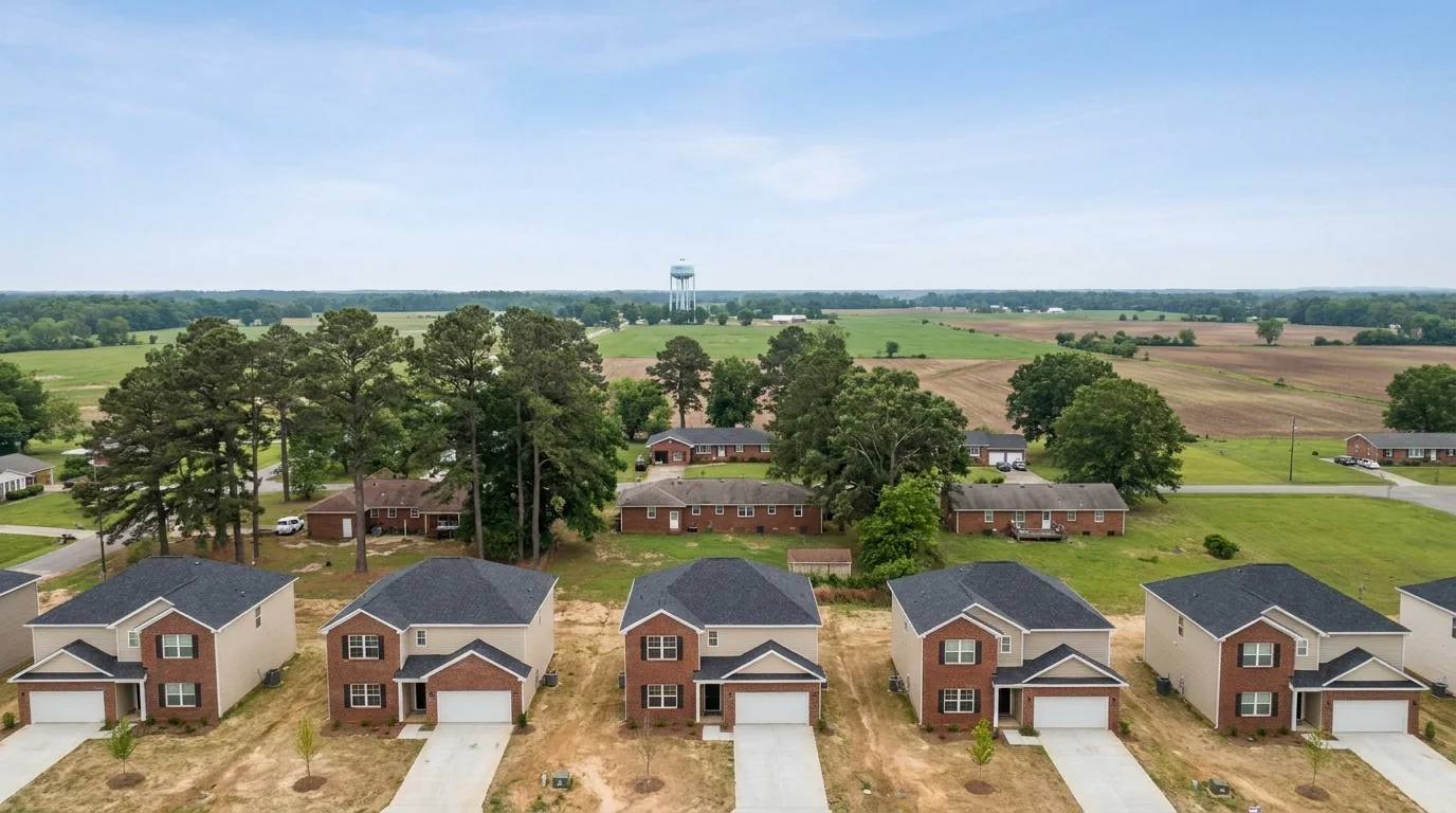 monroe-nc-growth-featured Monroe NC growth: new subdivision homes meeting open farmland on the edge of town