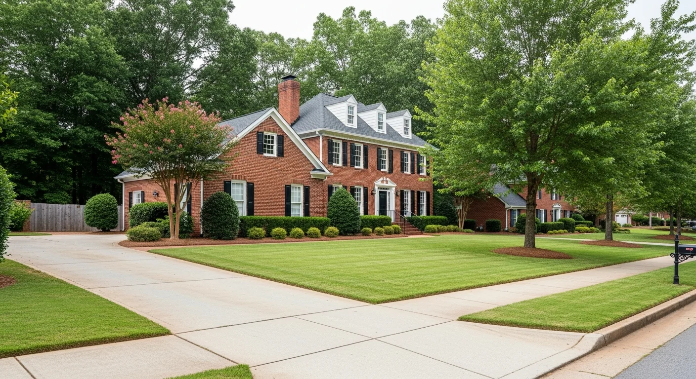 most-walkable-fort-mill-featured Most walkable neighborhoods in Fort Mill SC - tree-lined sidewalk past a brick home