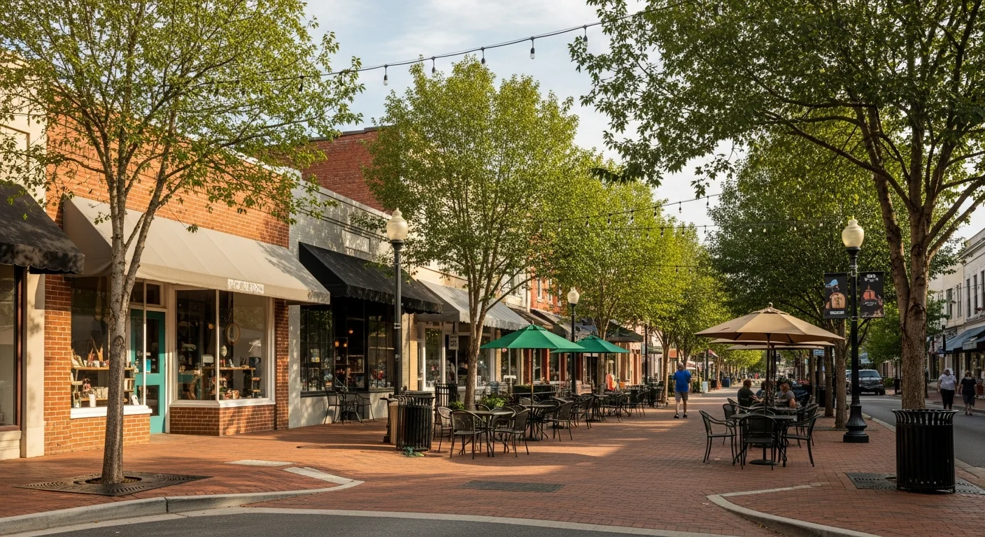 6 most walkable neighborhoods in fort mill sc, ranked by a local broker 2 Downtown fort mill sc main street cafe tables, one of the most walkable areas in fort mill