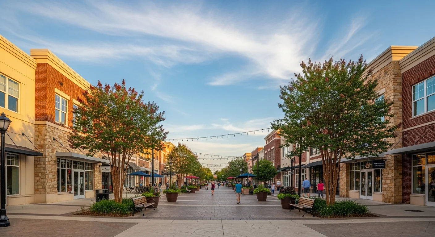 most-walkable-neighborhoods-ballantyne-nc-town-center Most walkable neighborhoods in Ballantyne NC: open-air town center promenade with shops, trees, and string lights