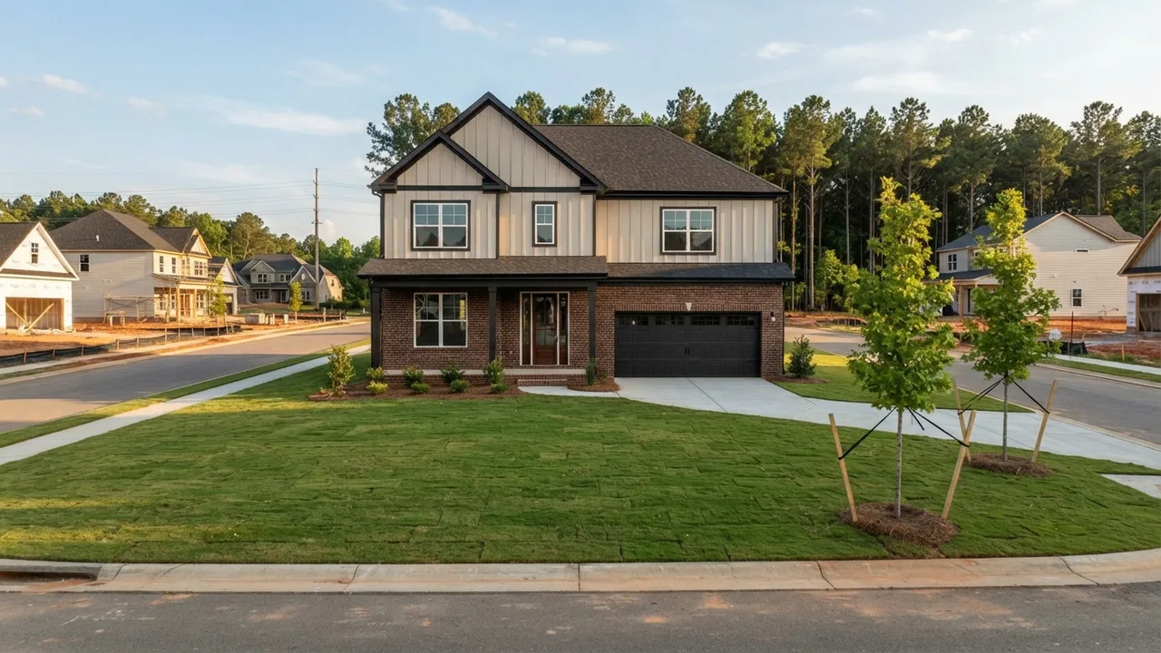 New construction in Mint Hill NC finished home New construction in Mint Hill NC: a finished two story home with fresh sod and staked young maples on a new street