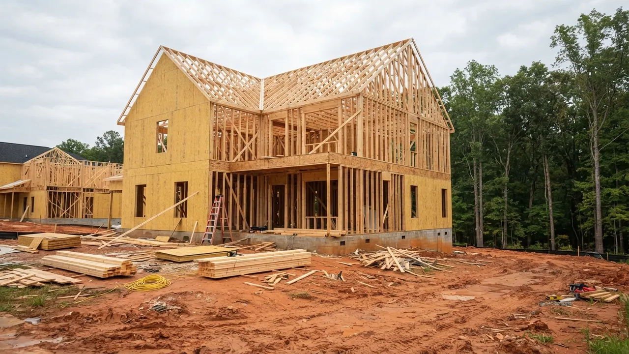 New construction in mint hill nc: who is building and what does it cost? 2 A house being framed on a red clay lot, a common sight with new construction in mint hill nc