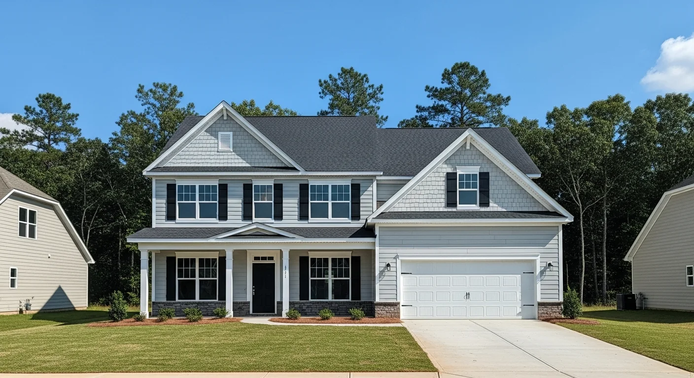 new-construction-tega-cay-sc-home New construction homes in Tega Cay SC, a newly built two-story home with a two-car garage