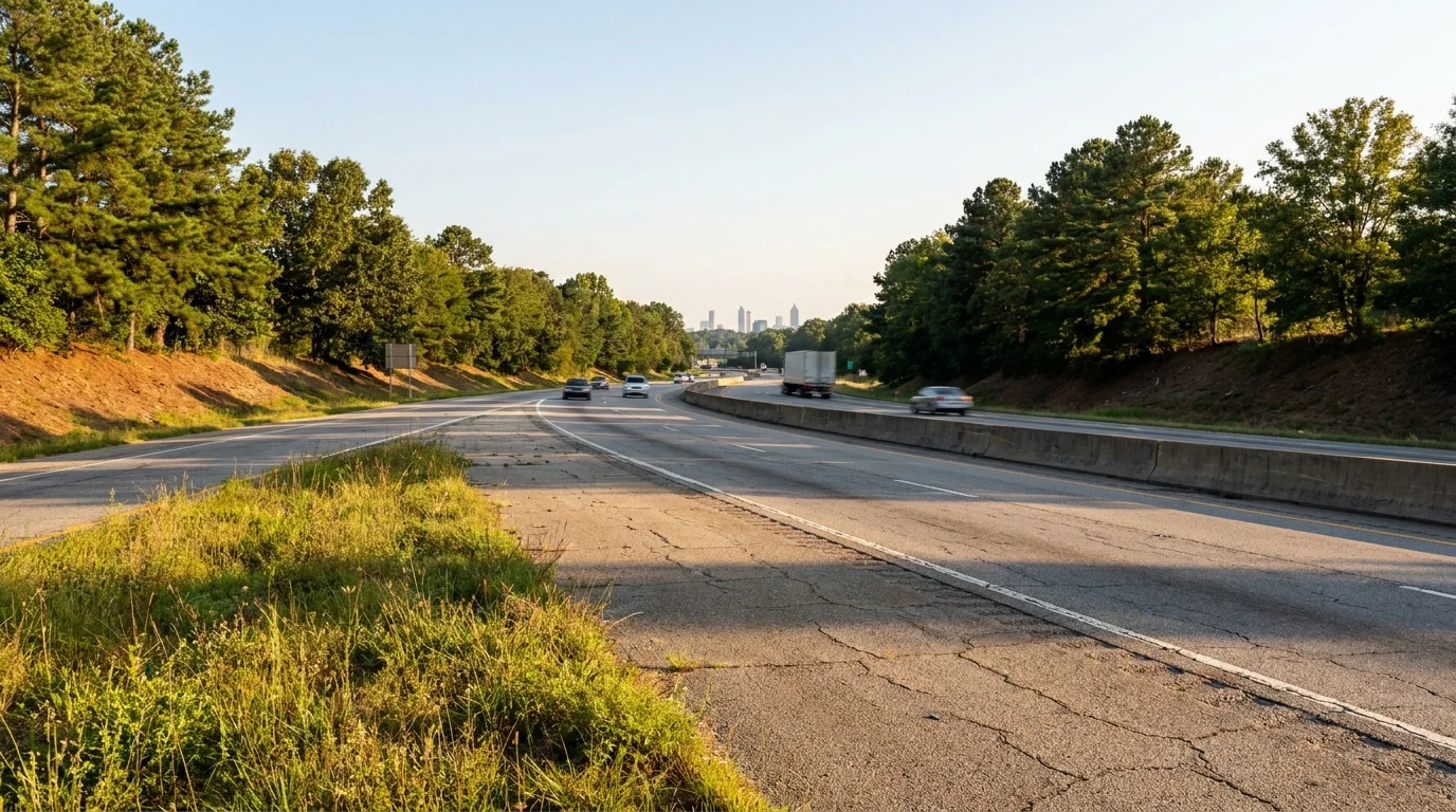 rock-hill-sc-to-charlotte-commute-i77 Rock Hill SC to Charlotte commute on I-77 at golden hour with the distant Charlotte skyline