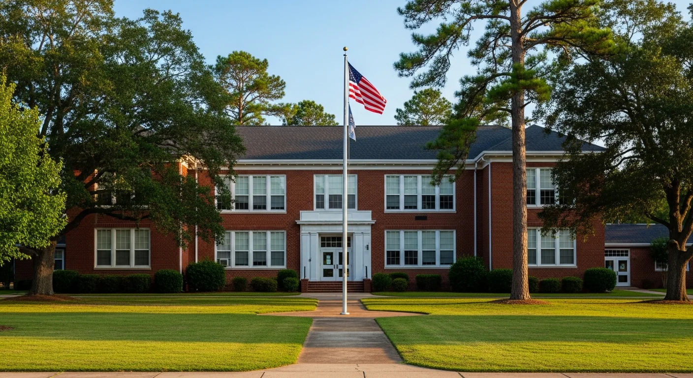 schools-in-waxhaw-nc-featured Schools in Waxhaw NC: a red brick Union County public school building with the flag out front
