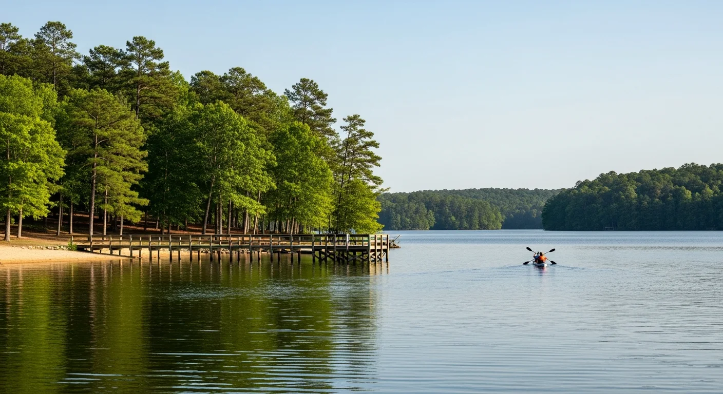 Things to do in monroe nc: is there actually enough to keep you busy? 2 Cane creek park lake near monroe nc with a fishing pier and a kayaker, a top outdoor thing to do in monroe nc