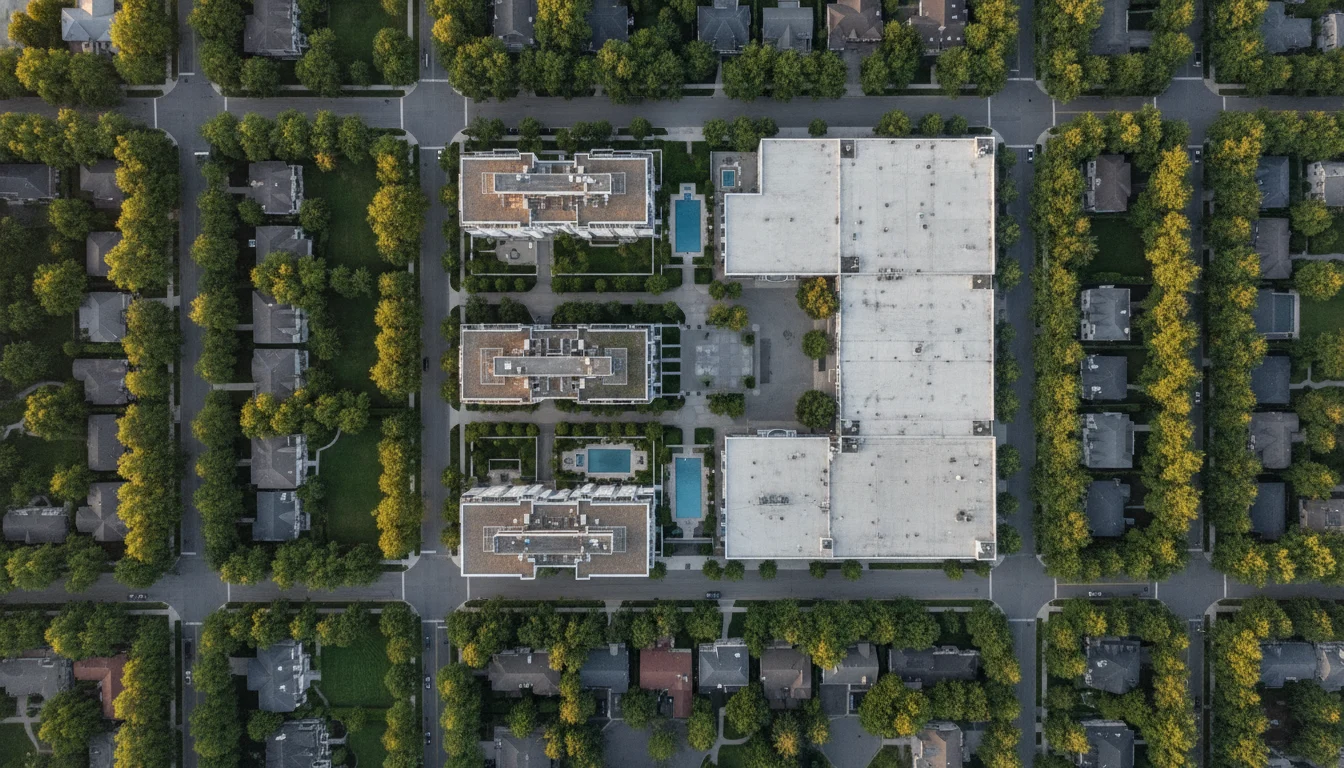 tlg-southpark-condo-vs-house-featured Aerial view of SouthPark Charlotte condo buildings beside tree lined single family home streets, illustrating SouthPark condo vs single family home choices