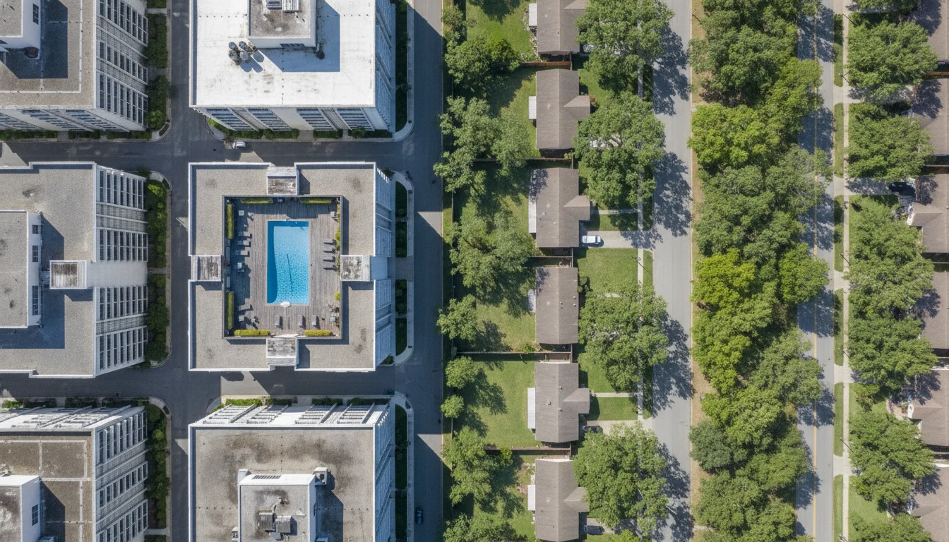 Southpark condo vs single family home: what your budget actually buys 1 Straight down aerial contrast of southpark charlotte mid rise condos with rooftop pool next to 1960s ranch homes on half acre lots