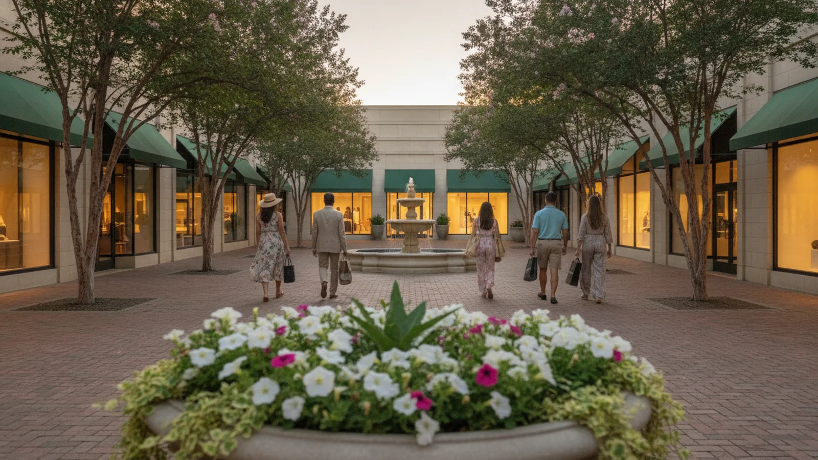 SouthPark Charlotte upscale shopping district Shoppers walking through an upscale open air shopping courtyard like SouthPark mall, part of the cost of living in SouthPark Charlotte