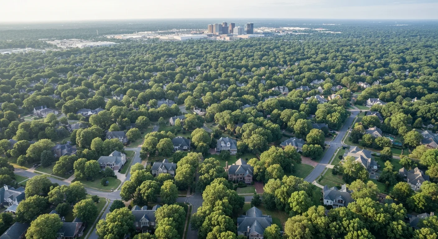 Best Neighborhoods in SouthPark Charlotte aerial Best neighborhoods in SouthPark Charlotte: aerial view of tree canopied neighborhoods with the SouthPark skyline on the horizon