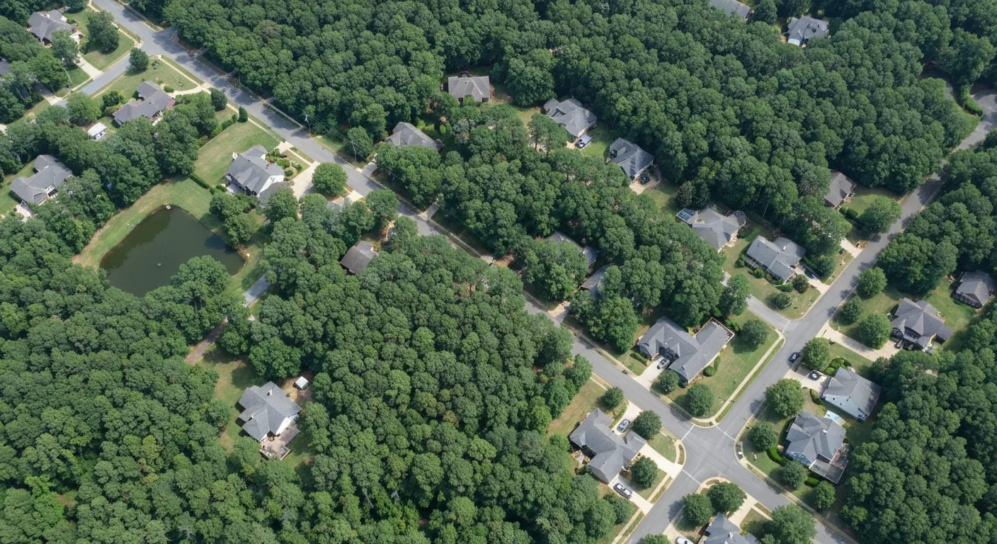 Best neighborhoods in southpark charlotte: 10 communities compared for 2026 1 Best neighborhoods in southpark charlotte: aerial view of wooded streets and a neighborhood pond in south charlotte
