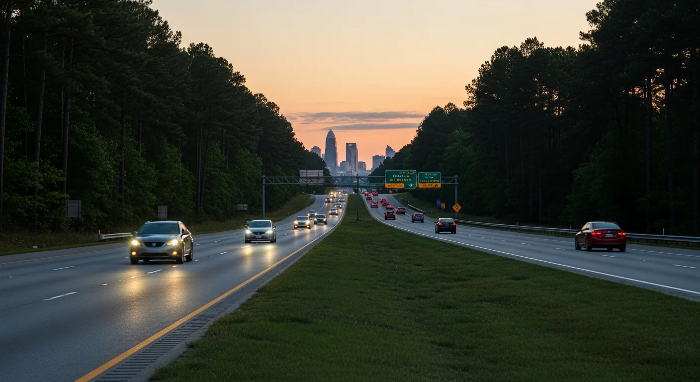 How far is weddington from charlotte? Commute times and best routes 2 Two-way commuter traffic on i-485 near charlotte at dusk, headlights approaching and taillights heading toward uptown