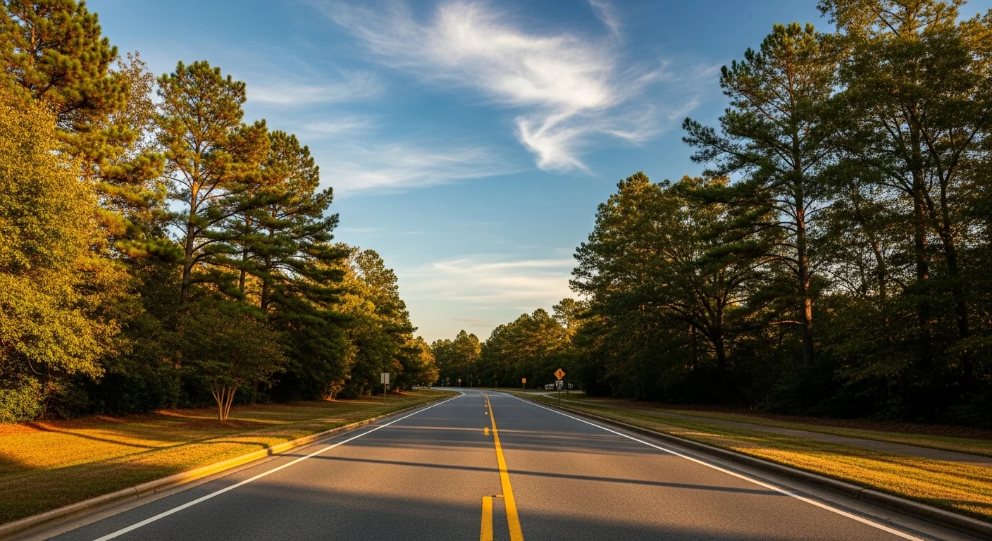 weddington-nc-to-charlotte-commute-featured Weddington NC to Charlotte commute on a tree-lined two-lane road at golden hour