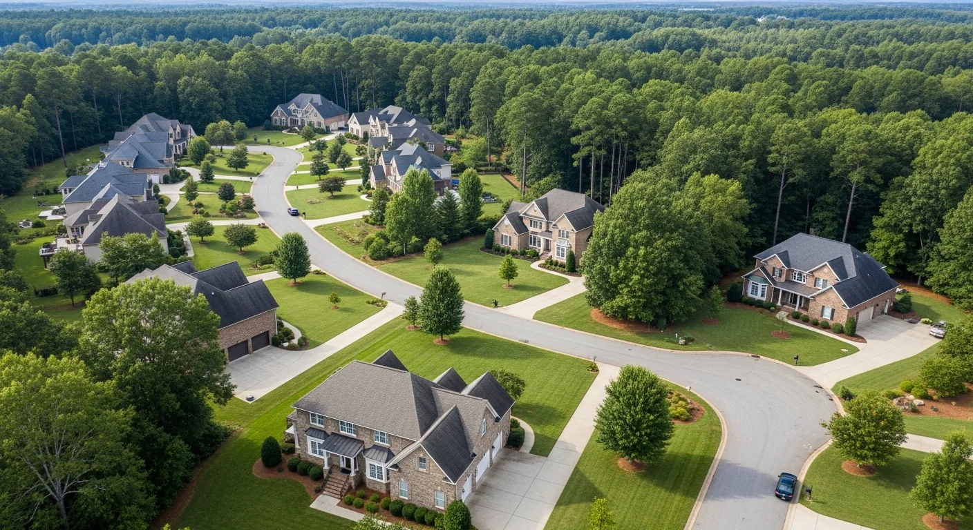 weddington-schools-featured Best neighborhoods in Weddington NC: aerial of large custom homes on one-acre wooded lots near top-rated schools