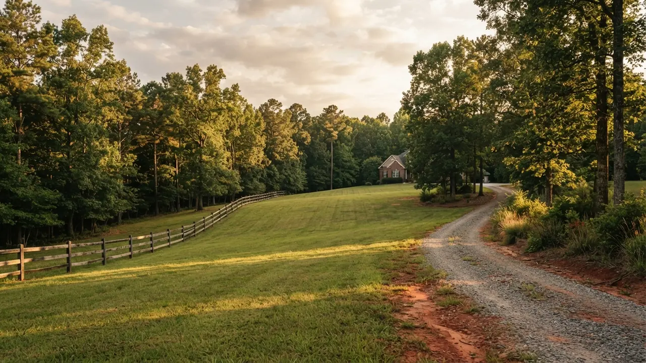 Well and septic in Weddington NC large lot A wooded one acre lot on well and septic in Weddington NC at golden hour, with a gravel drive and split rail fence