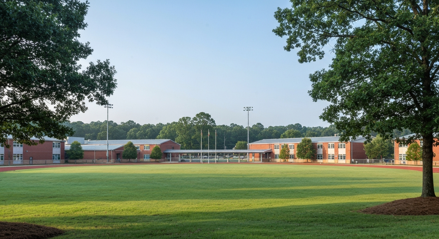 Wesley chapel nc school zoning: weddington or cuthbertson? 2 Brick public school campus behind a green athletic field, similar to the union county schools that wesley chapel nc school zoning assigns by parcel