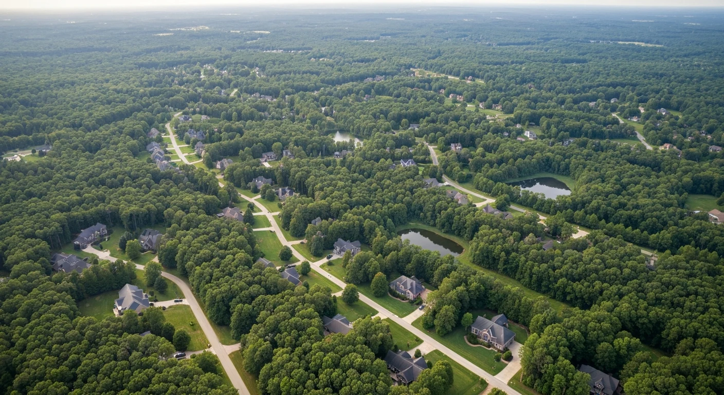 wesley-chapel-neighborhoods-aerial Aerial view of wooded subdivisions and winding streets, the best neighborhoods in Wesley Chapel NC