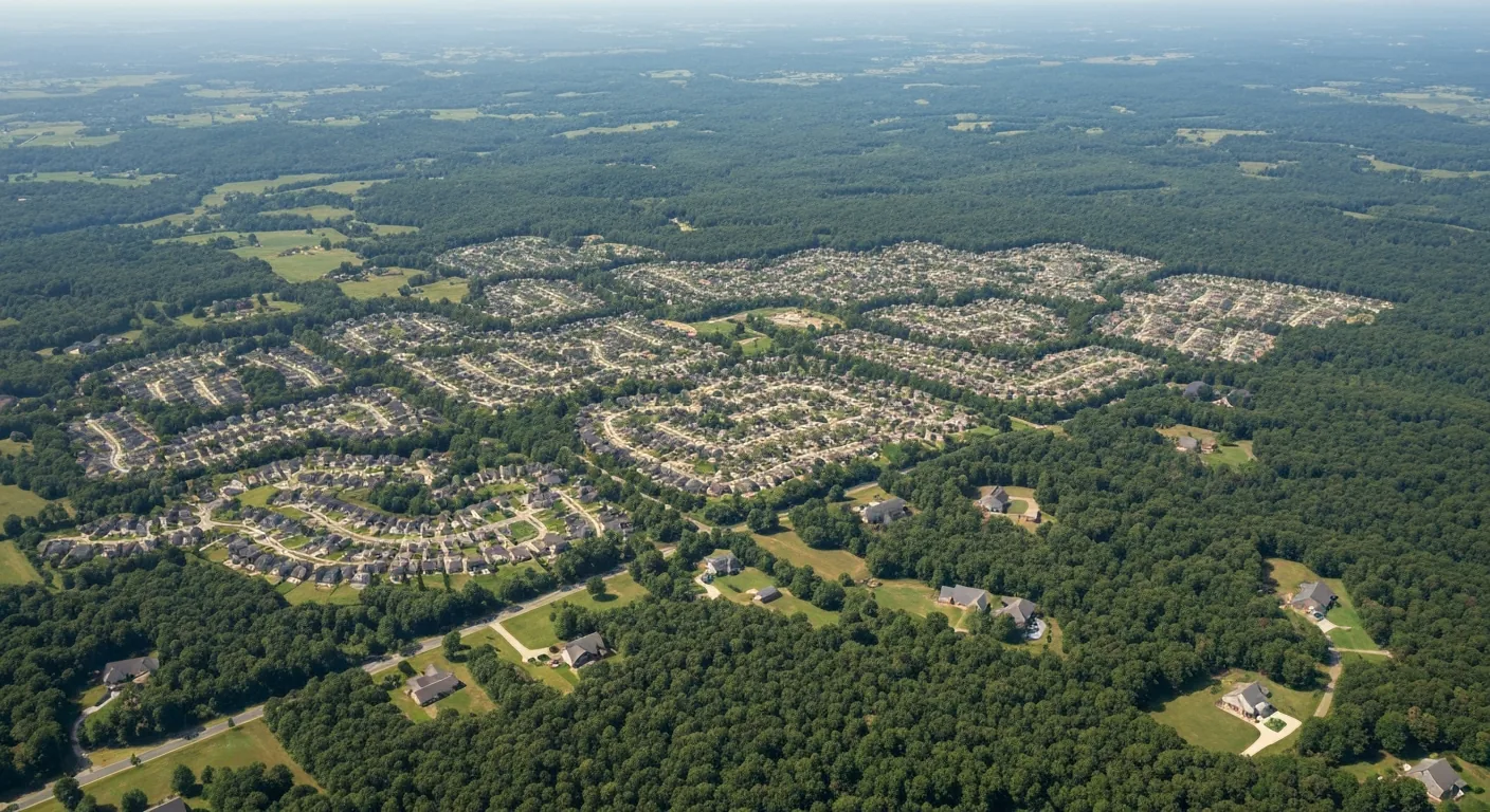 Wesley Chapel vs Waxhaw NC lot size comparison aerial Aerial view comparing a dense Waxhaw NC subdivision with large wooded Wesley Chapel NC lots