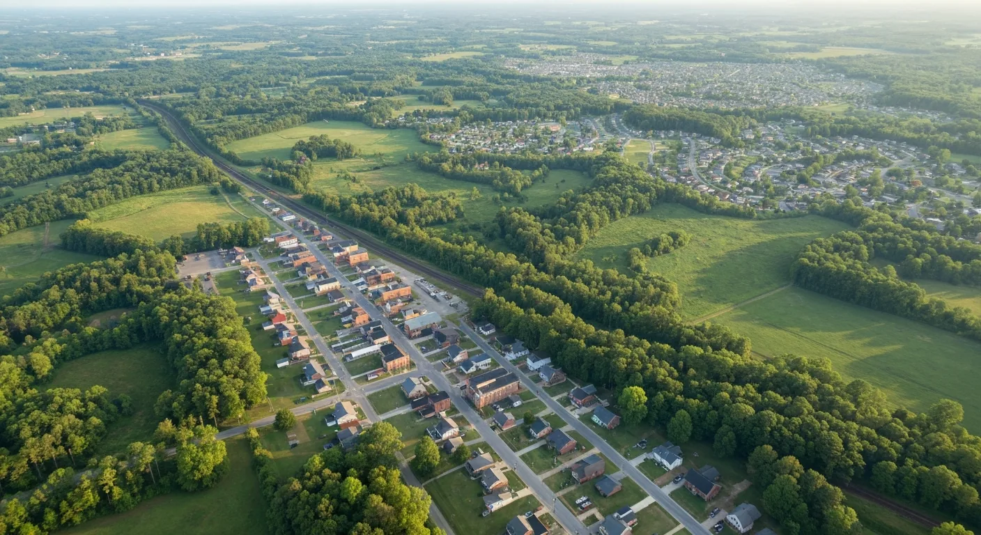 Wesley chapel vs waxhaw nc: cost, commute, and lot size 1 High altitude aerial of a small historic railroad town surrounded by subdivisions, similar to downtown waxhaw nc