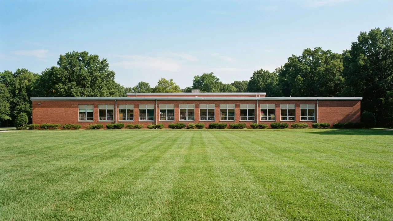ballantyne-school-zones-elementary-school-field A single-storey brick elementary school seen across an open mown playing field with a wooded residential treeline behind it, an illustrative image for a guide to Ballantyne school zones and which school an address is assigned to