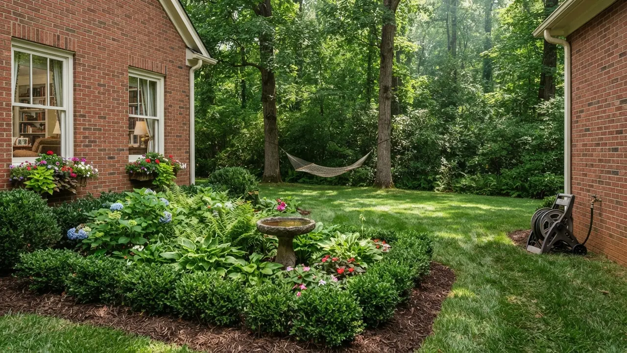 Ballantyne vs Indian Trail NC A shaded suburban front garden in the Carolina Piedmont, illustrating the Ballantyne vs Indian Trail choice for relocating buyers (illustrative, not a specific address)