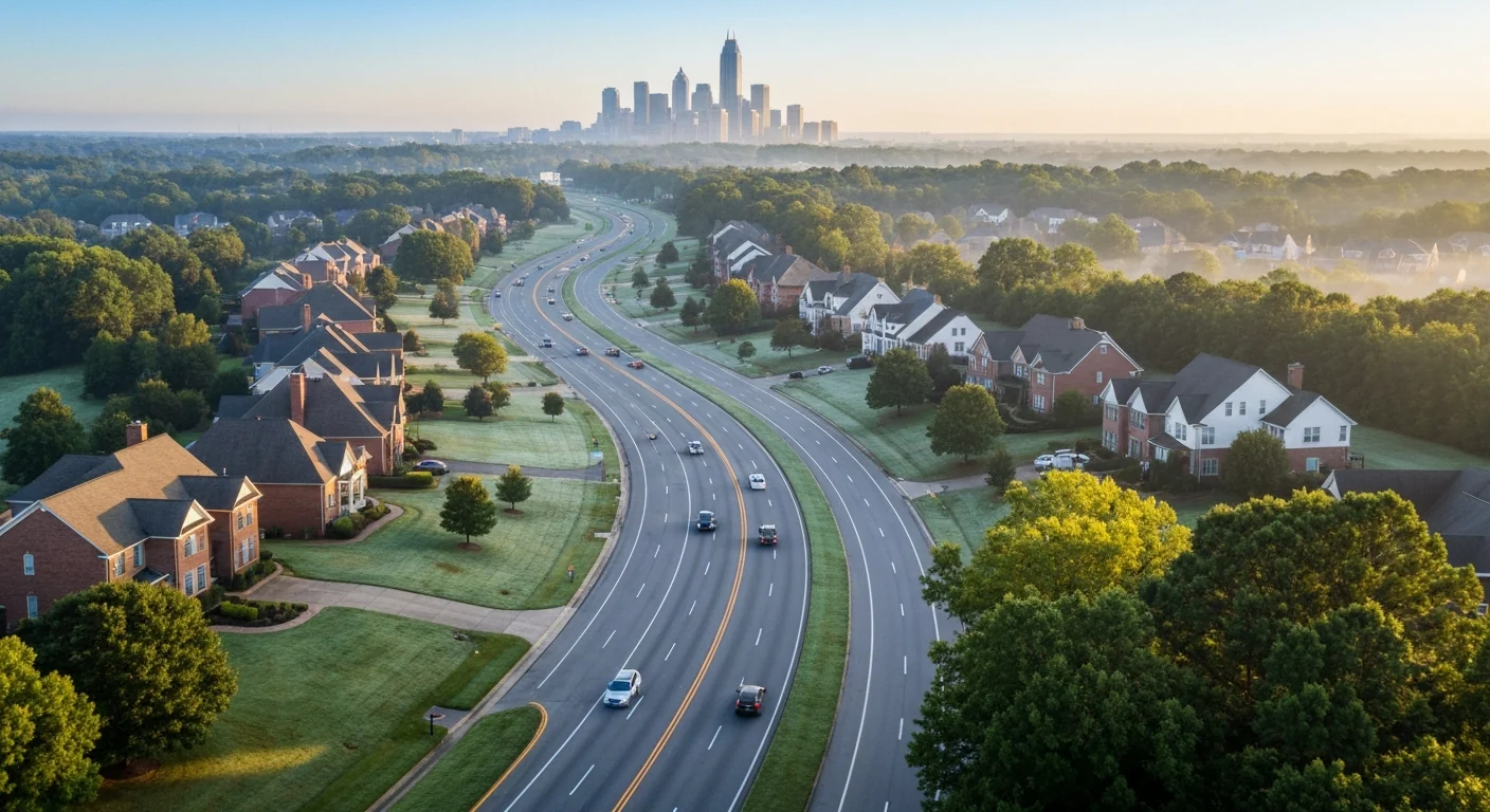 Commute To Uptown Charlotte Featured Commute to Uptown Charlotte from South Charlotte suburbs aerial view morning traffic