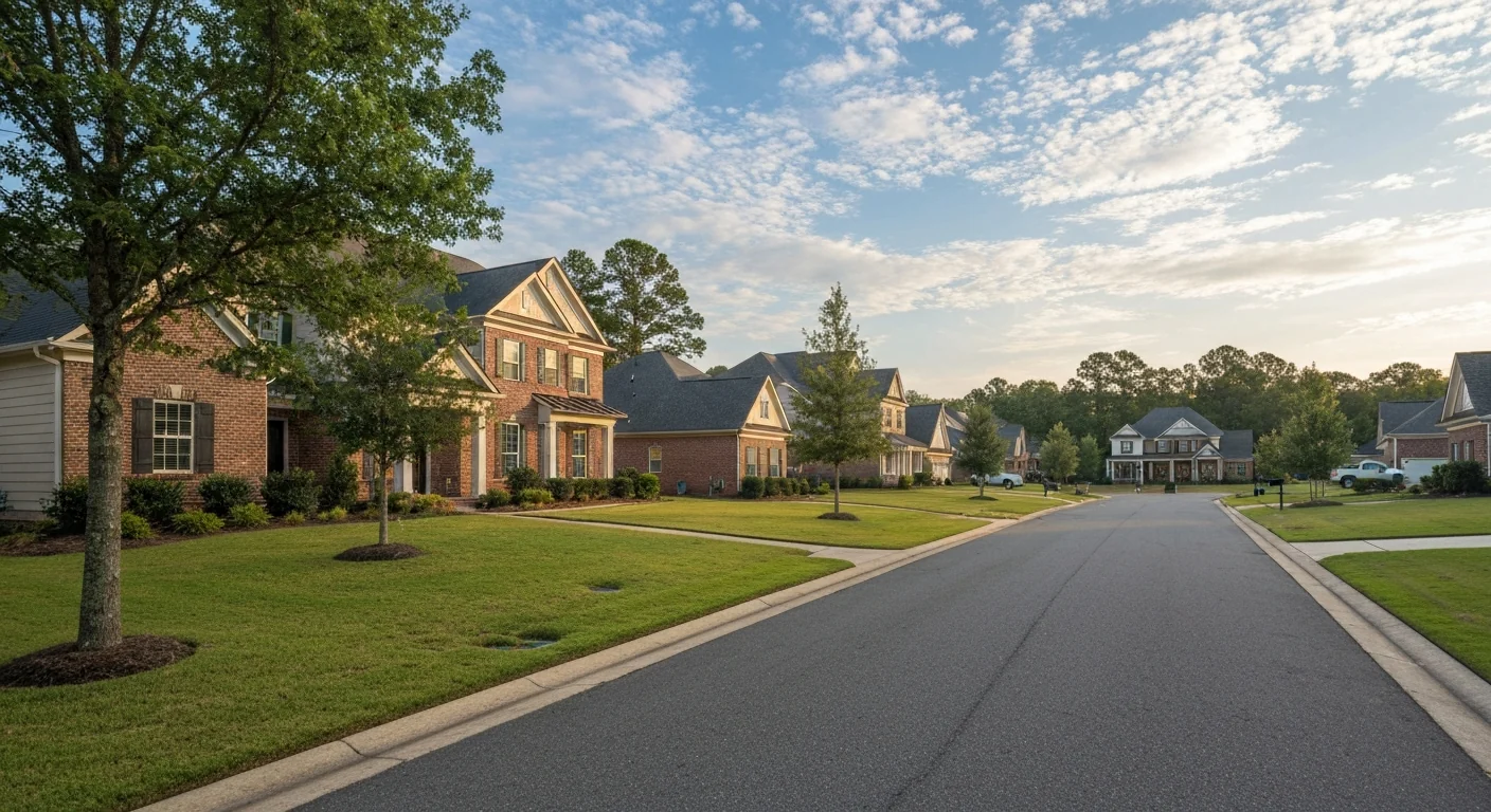 Fort Mill Cost Living Featured Cost of living in Fort Mill SC suburban neighborhood with brick homes and mature trees