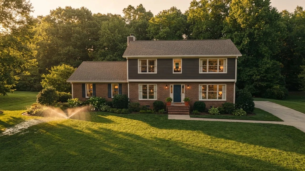 Fort Mill utilities buyer guide featured image An illustrative golden hour view of a suburban house frontage with in-ground lawn irrigation running, for a buyer guide to Fort Mill utilities and what water, sewer, power and gas cost at a given address