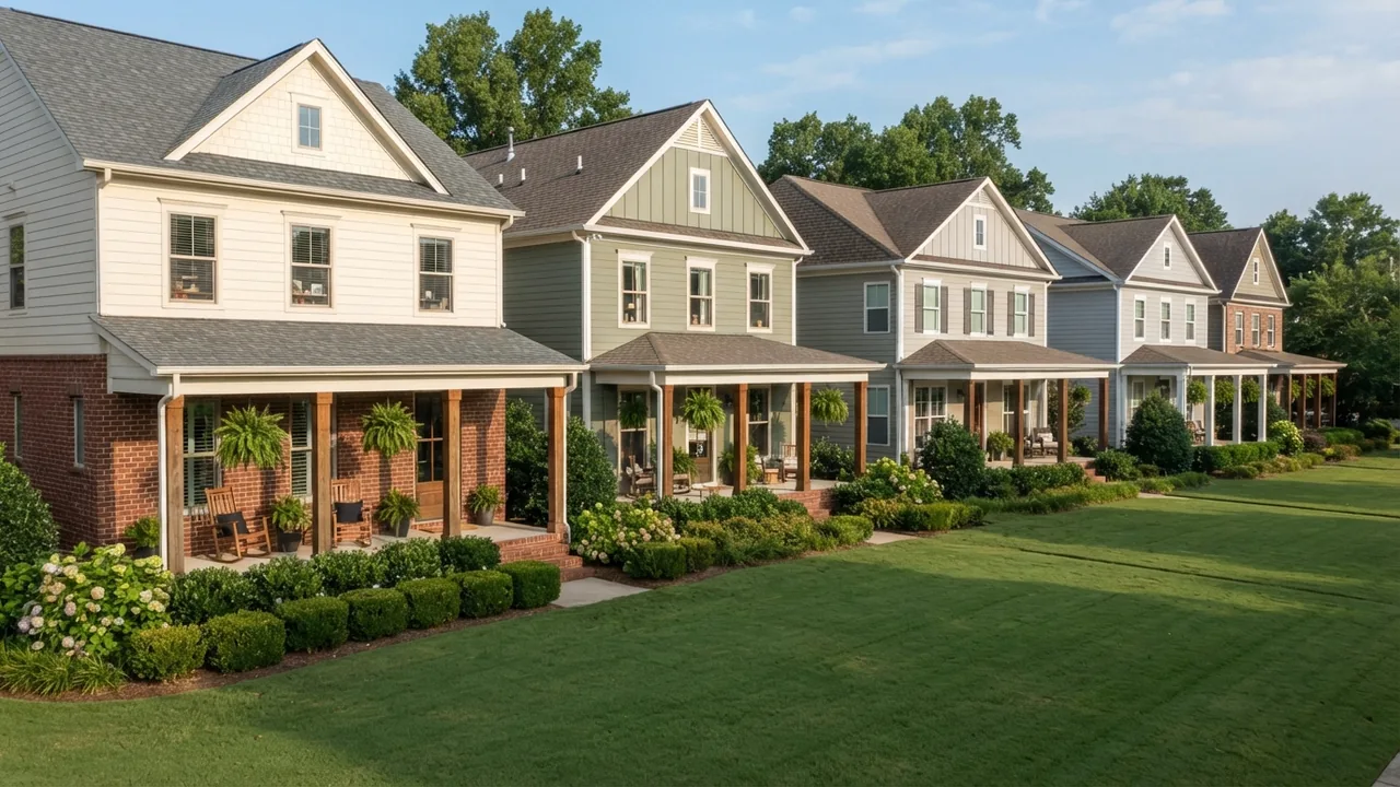 Home insurance in Waxhaw NC: Waxhaw street of two-storey homes Row of two-storey homes on a Waxhaw NC street, the market where home insurance in Waxhaw is rated under Territory 340