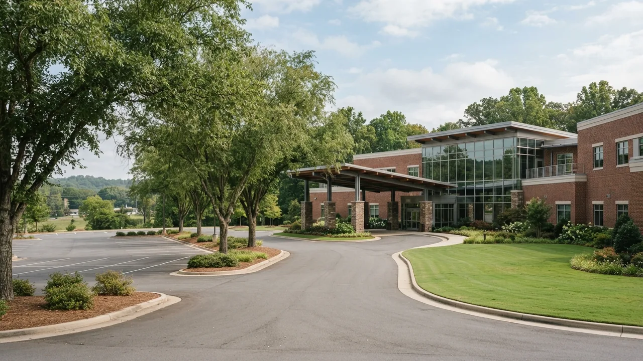 Hospitals near Monroe NC featured image Community hospital campus entrance on a landscaped drive, representing hospitals near Monroe NC