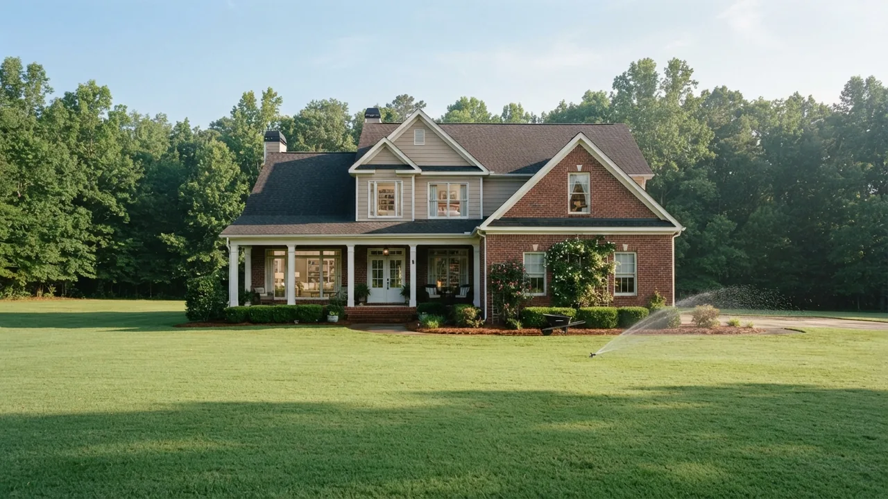 Indian Land SC property tax: owner occupied house on open lawn A single owner occupied house set well back on open lawn in the Carolina Piedmont, the kind of property Indian Land SC property tax is charged on. Illustrative scene, not a specific Indian Land address.