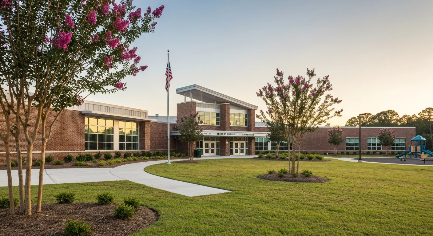 Indian Land Sc Schools Featured Indian Land SC schools building exterior in afternoon light, used in a 2026 relocating buyer's guide