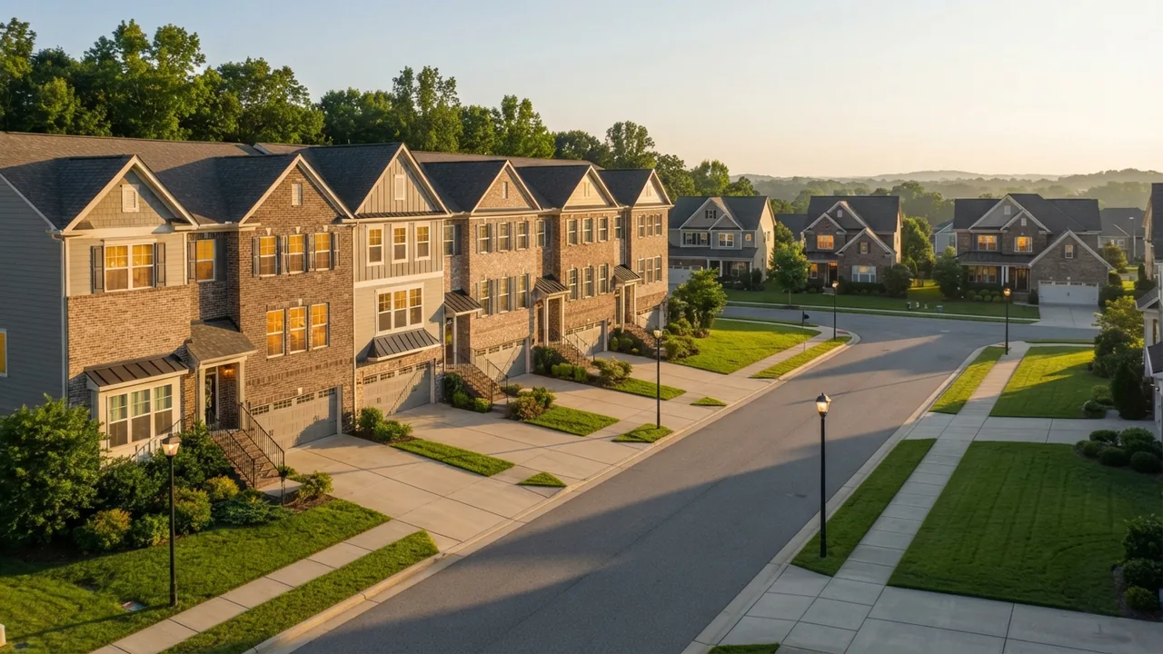 Indian Trail townhomes and single family homes on the same street Indian Trail townhomes lining one side of a street with detached single family homes across from them at golden hour